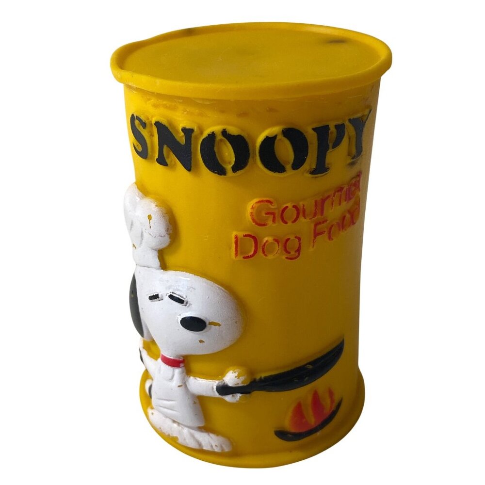 VTG Peanuts SNOOPY Gourmet Dog Food Can 1958 Dog Squeak Toy ConAgra United Featu